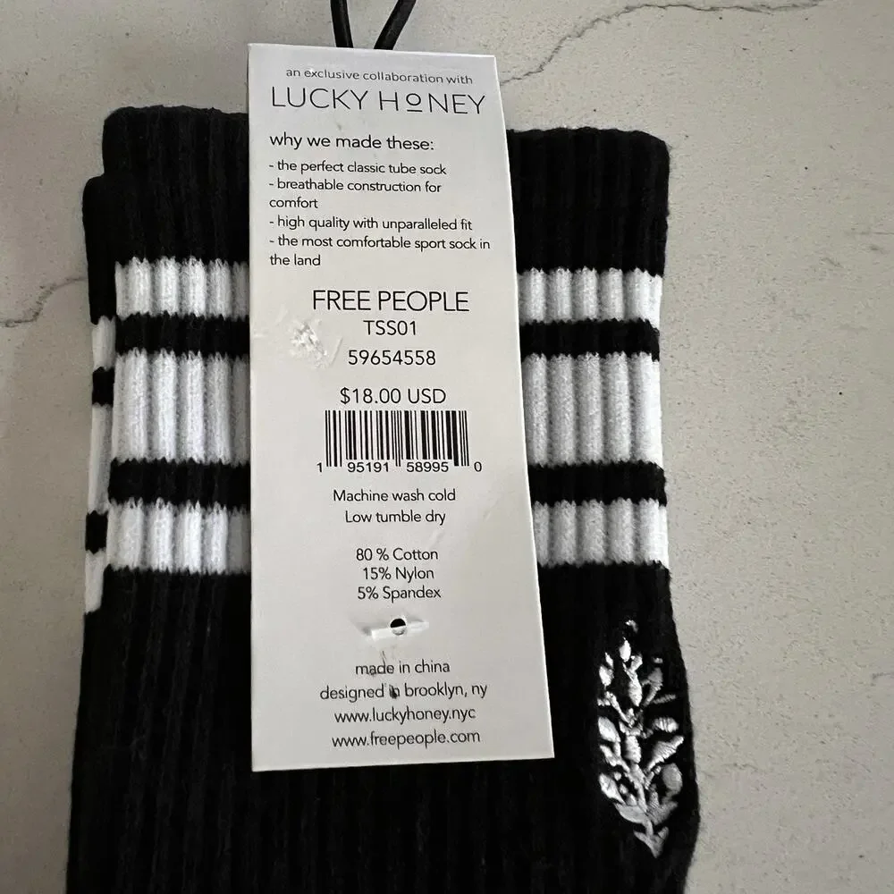 NWT Free People Movement X Lucky Honey Tube Socks | One Size Black White Stripe